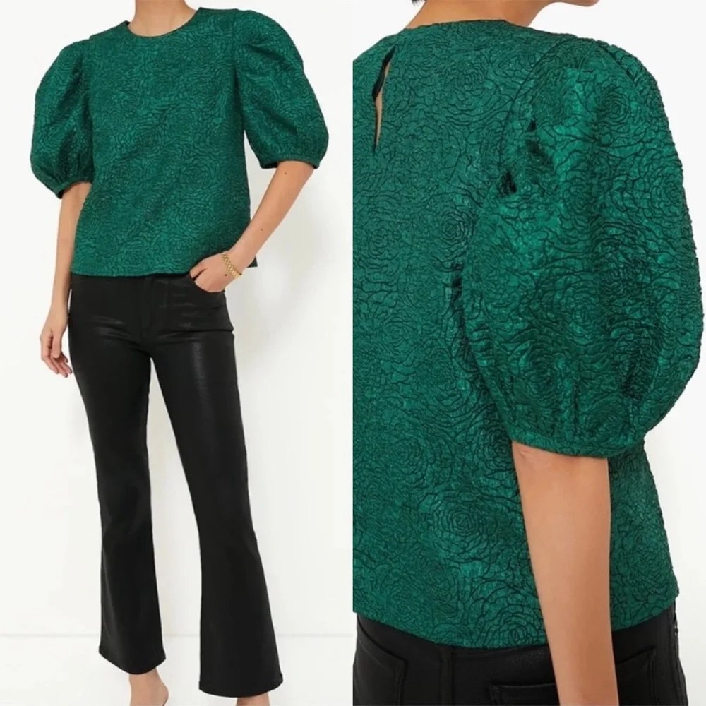 Tuckernuck Hyacinth House Green Noelle Jacquard Puff Sleeve Blouse S